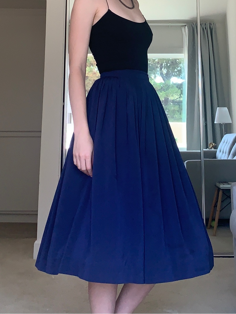 Classic Navy Midi Skirt - Elegant Gathered Waist